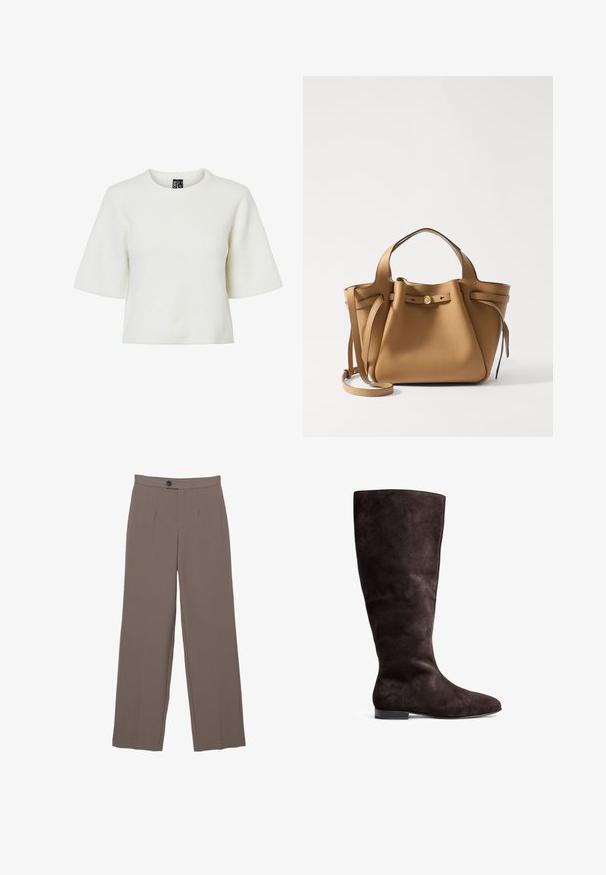 Beige skrátená dvojradová bunda vyrobená z bavlny. Obsahuje veľké gombíky, dve predné vrecká a široký klop, ktorý má otvorený golier.; Biely, krátky rukáv s textúrovaným, rebrovaným vzorom a okrúhlym výstrihom. Vyrobený z jemného materiálu. Skrátená dĺžka.; Hnedé nohavice s širokými nohavicami a hladkou textúrou, s prednými skladmi, zapínaním na gombík a strihom na mieru.; Hnedé semišové čižmy po kolená s hladkým povrchom, okrúhlou špičkou a nízkou čiernou podrážkou. Jednoduchý dizajn bez ozdôb.; Tory Burch ROMY PEBBLED SATCHEL - Kabelka - tiramisu