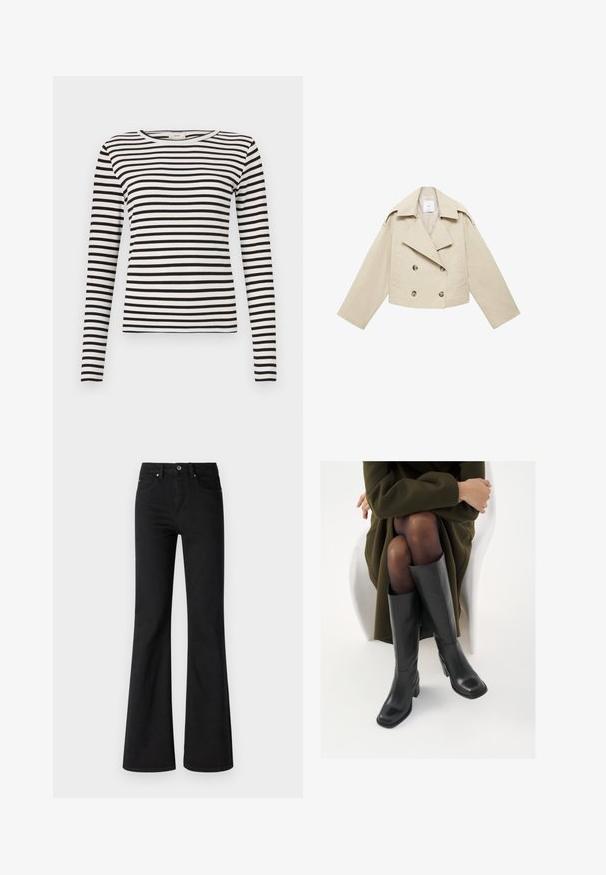 Jachetă bej, scurtă, cu dublă pieptărie, realizată din bumbac. Are nasturi mari, două buzunare frontale și un rever lat cu guler deschis.; Cămașă cu dungi alb-negru, cu mânecă lungă, guler rotund și textură îngustă ajustată. Lățimea dungilor este uniformă pe întreaga suprafață.; Jeans negre evazați din denim cu talie înaltă, dotati cu cinci buzunare, închidere cu buton în față și fermoar, textură netedă.; Cizme din piele neagră, până la genunchi, cu vârf pătrat și toc bloc, prezentate pe un model așezat într-o haină verde măsline. Textură netedă, detalii minime.