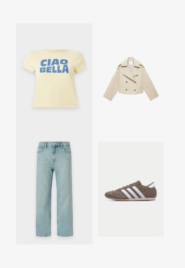 Beige cropped dobbeltbrystet jakke lavet af bomuld. Har store knapper, to frontlommer og en bred revers med åben krave.; Gul t-shirt lavet af bomuld, med et blåt grafisk tryk, der står "CIAO BELLA." Korte ærmer og rund halsudskæring.; Lyseblå brede jeans lavet af denim, der har et klassisk fem-lomme design, rene linjer og et almindeligt taljebånd med knaplukning.; Brune ruskind atletisk sko med hvide striber, rund tå, snørebåndsdesign og gummisål. Tekstureret overdel med syningsdetaljer.