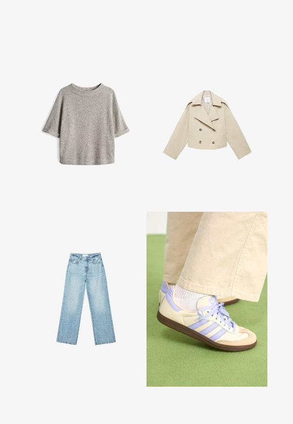 Beige cropped double-breasted jacket made of cotton. Features large buttons, two front pockets, and a wide lapel with an open collar.; Gray short-sleeve top made of a textured knit fabric, featuring a loose fit and a round neckline, with subtle speckled detailing throughout.; Light blue denim wide-leg jeans with a high waist, featuring a faded wash and small, scattered distressed details throughout.; Cream and lavender sneakers with three stripes and a textured brown sole, featuring laces and a padded heel. Soft fabric upper.