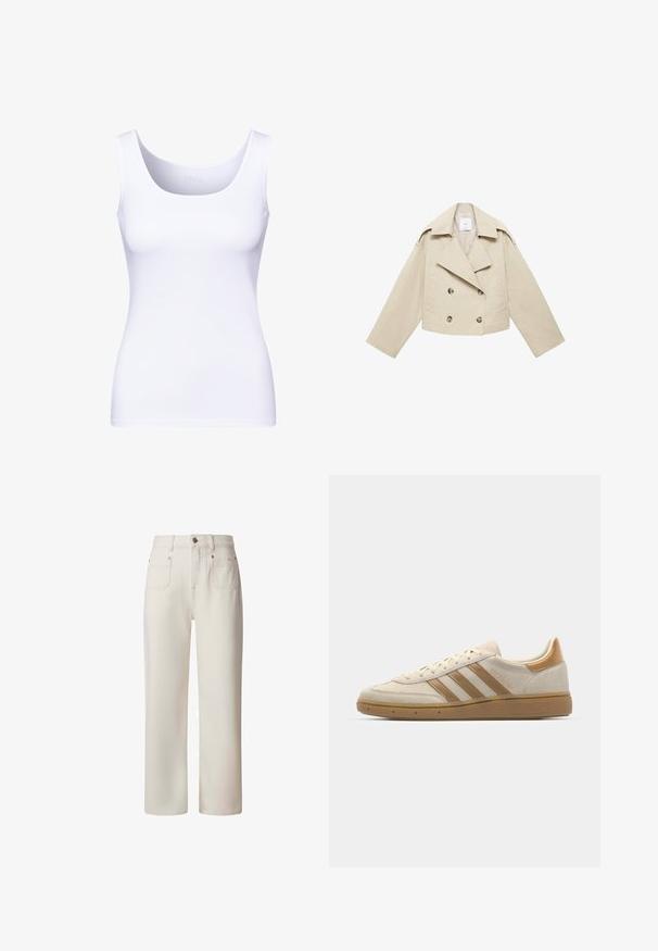 Beige abgeschnittene Double-Breasted-Jacke aus Baumwolle. Verfügt über große Knöpfe, zwei Fronttaschen und einen breiten Revers mit offenem Kragen.; Weißes Tanktop mit rundem Halsausschnitt und breiten Trägern. Hergestellt aus glattem, dehnbarem Material, das eine figurbetonte Silhouette bietet.; Pepe Jeans STRAIGHT UHW LEXA - Jeans Straight Leg - white; Beige Wildledersneaker mit hellbraunen Akzenten. Verfügt über drei braune Streifen, eine strukturierte Gummisohle und ein rundes Zehendesign.