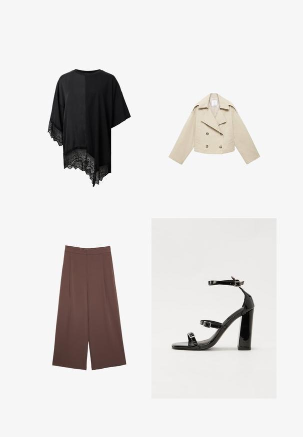 Beige cropped dobbeltbrystet jakke lavet af bomuld. Har store knapper, to frontlommer og en bred revers med åben krave.; Sort kortærmet top med asymmetrisk kant og blondekant forneden. Lavet af letvægtsstof med en glat overflade.; Brune bredbunde bukser med en glat tekstur, der har høj talje og plisseringer foran. Stoffet er let og falder løst.; Sorte patenterede hælsandaler med firkantet tå, ankelremme og sølvspænder. Har en chunky blokHæl for stabilitet.