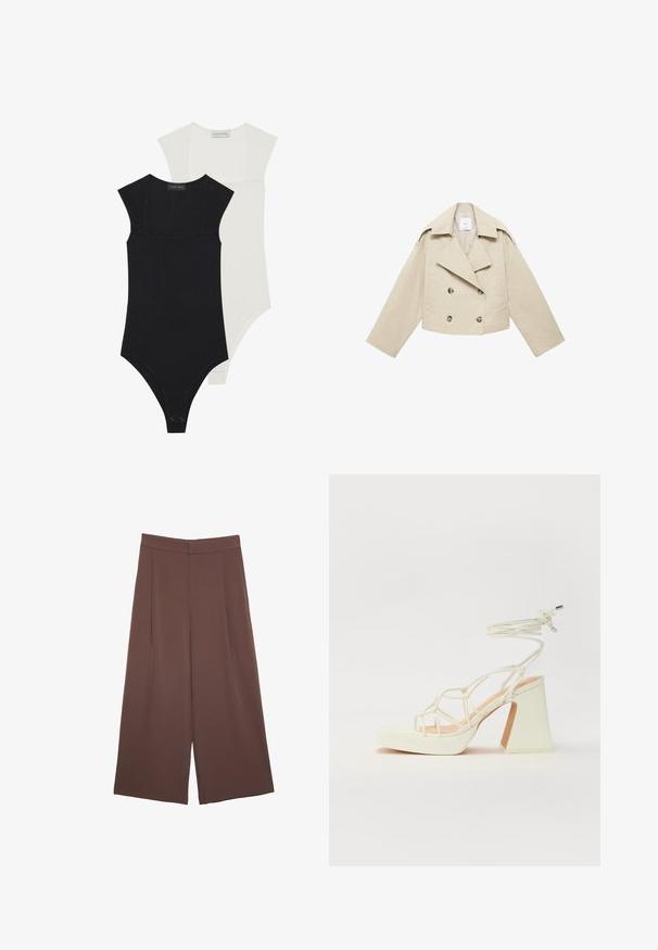 Beige kortärmad dubbelknäppt jacka i bomull. Har stora knappar, två framfickor och en bred slag med öppen krage.; Två baddräkter i svart och vitt, med korta ärmar, en fyrkantig halsringning och ett mjukt, elastiskt tyg med tryckknappar i botten.; Bruna vida byxor med en slät textur, som har hög midja och framfickor. Tyget är lätt och flödar löst.; Vit högklackad sandal med en kraftig klack, med ett remdesign och ankelband. Slät textur med en plattform framtill för ökad höjd.