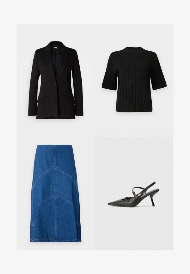 Fekete blézer strukturált dizájnnal, rovátkolt hajtókával, egysoros gombolással, két oldalsó zsebbel és sima textúrával.; Fekete, rövid ujjú pulóver bordás textúrával és magas nyakkivágással, függőleges vonalakkal és testhezálló siluettel.; Sötétkék farmer ceruza szoknya függőleges varrással és egyenesen lecsüngő sziluettel. Derékpánttel és nyers szegéllyel rendelkezik.; Fekete bőrszíjjal ellátott magassarkú cipő, hegyes orral, karcsú sarkával és díszes csattal a vamp részén. Simás textúra és elegáns dizájn.