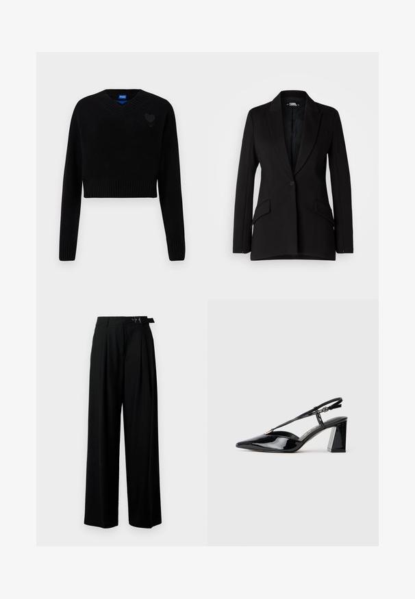 Blazer negro con un diseño estructurado, solapas en pico, cierre de un botón, dos bolsillos laterales y textura de tela suave.; Suéter negro corto con cuello en V, dobladillo acanalado y mangas largas. Presenta un pequeño detalle de corazón texturizado en el pecho. Hecho de material suave.; Pantalones de pierna ancha negros con cintura alta, pliegues en la parte delantera y un cinturón con hebilla. Confeccionados con una tela suave y liviana.; Zapatos de tacón alto de charol negro con puntera puntiaguda, correa ajustable y tacón rectangular grueso.