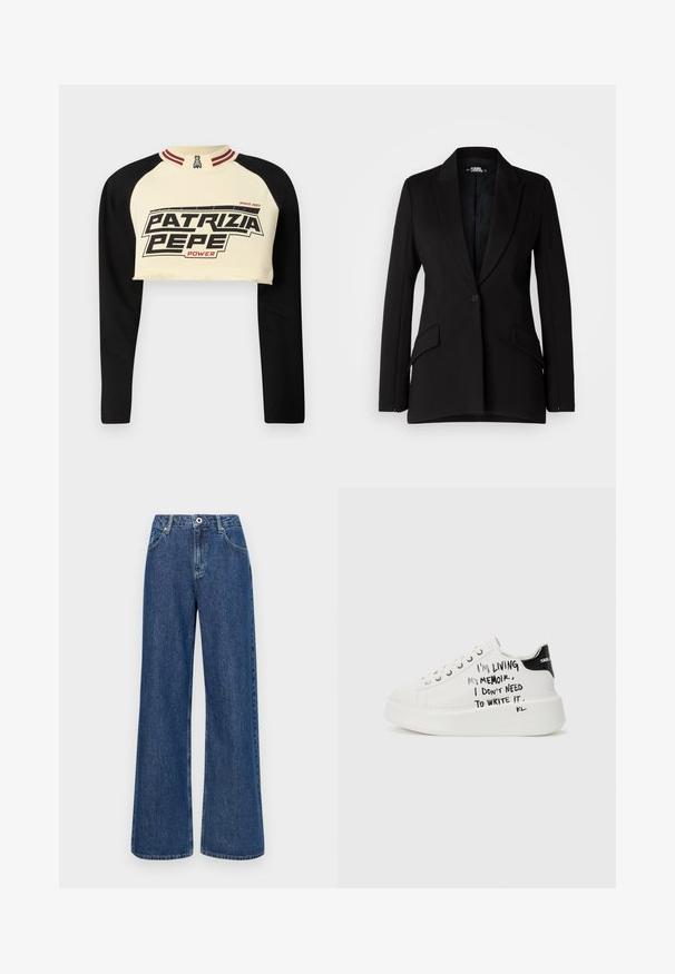 Fekete blézer strukturált dizájnnal, rovátkolt hajtókával, egysoros gombolással, két oldalsó zsebbel és sima textúrával.; Rövidített pulóver krémszínben és feketében, hosszú ujjakkal. Feltűnő grafikai nyomat található rajta: "PATRIZIA PEPE POWER", valamint csíkos gallér részletek.; Magas derékú, széles szárú kék farmernadrág, elülső zsebekkel és egyetlen gombos zárással. Texturált anyag, látható varrással.; Fehér platform sportcipők fekete részletekkel, textúrált talppal és kézzel írt szöveggel az oldalakon. Sima bőrből készült.