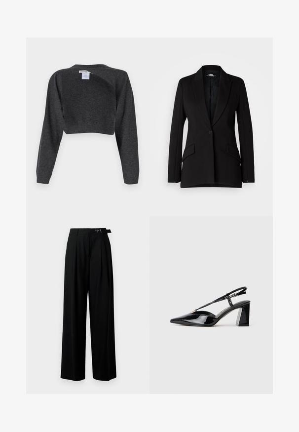 Črn blazer s strukturno zasnovo, z izrezom na reverjih, enojno zapiranje s gumbom, dvema stranskima žepoma in gladko teksturo tkanine.; pure cashmere BOLERO TWO-WAY - Pulover - graphite; Črne široke hlače z visokim pasom, gubami spredaj in pasom z zaponko. Narejene so iz gladkega, lahkega materiala.; Črne lakirane slingback visoke pete z ostrim nosom, nastavljivim trakcem in debelim pravokotnim peto.