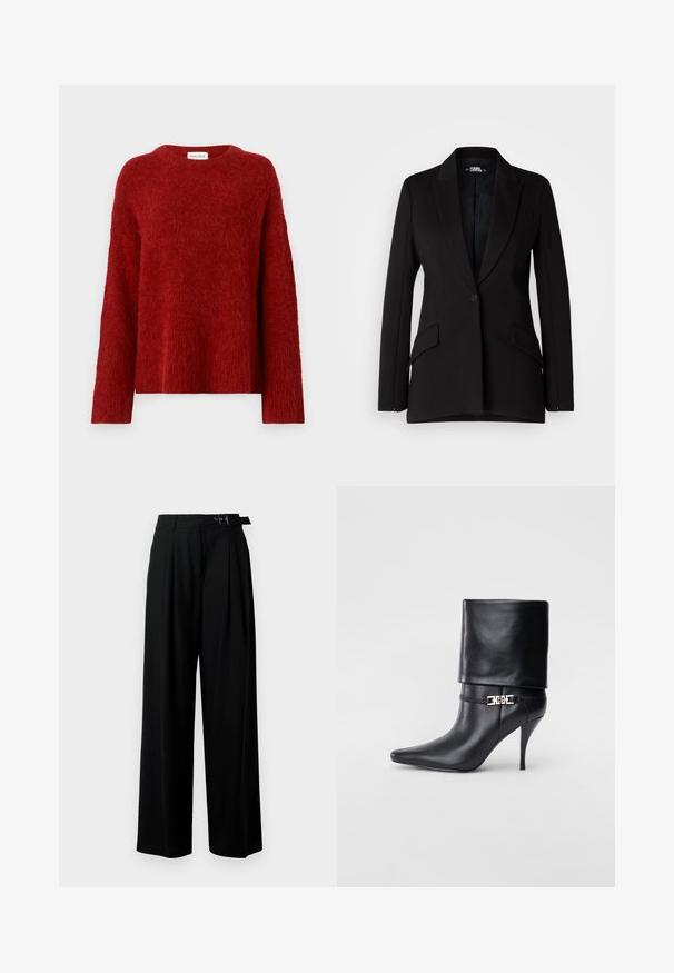 Blazer noir avec un design structuré, revers crantés, fermeture à un bouton, deux poches latérales et texture de tissu lisse.; Pull rouge en peluche avec un col rond, des manches longues et une coupe décontractée. Fabriqué à partir d'un matériau doux et texturé. L'étiquette indique "MALINA."; Pantalons larges noirs taille haute, avec des plis à l'avant et une ceinture avec une boucle. Conçus en tissu lisse et léger.; Bottine en cuir noir avec un bout pointu, un haut talon aiguille, un revers, et un détail décoratif en boucle dorée au niveau de la cheville.