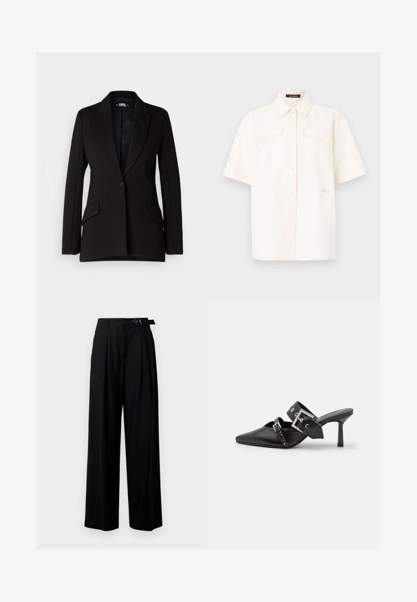 Fekete blézer strukturált dizájnnal, rovátkolt hajtókával, egysoros gombolással, két oldalsó zsebbel és sima textúrával.; Rövid ujjú, krémszínű ing, könnyű szövetből készült, két elülső zsebbel, gombos kialakítással és eltérő varrással.; Fekete, bő szárú nadrág magas derékkal, elöl pliszírozva, és csattal ellátott övvel. Simább, könnyű anyagból készült.; Fekete magassarkú mules, hegyes orral, sima bőrből készült. Széles bokapántja van, négyzet alakú ezüst csattal és szegecsekkel.
