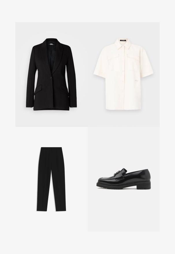 Schwarzes Blazer mit strukturiertem Design, Reverskragen, Ein-Knopf-Verschluss, zwei Seitentaschen und glatter Stoffstruktur.; Kurzärmliges, cremefarbenes Hemd aus leichtem Stoff mit zwei Vorderaschen, knöpfbarem Design und kontrastierenden Nähten.; Schwarze Hose mit geradem Schnitt, doppelten Falten, einer glatten Textur und einem klassischen Bunddesign. Keine sichtbaren Beschläge oder Akzente.; Schwarze, polierte LederSlip-Ons mit niedriger Blockabsatz, gestepptem Zehenbereich und Metallschnalle auf der Oberseite, seitlich auf weißem Hintergrund gezeigt.