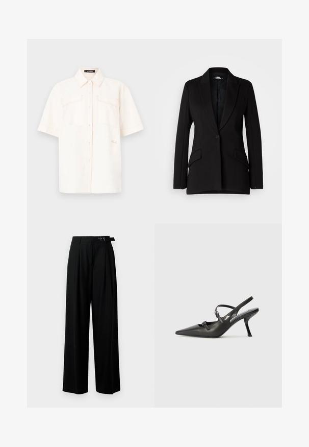 Blazer nero con un design strutturato, rever a sorpresa, chiusura a un bottone, due tasche laterali e texture del tessuto liscia.; Camicia a maniche corte di colore crema, realizzata in tessuto leggero, con due tasche frontali, chiusura a bottoni e cuciture a contrasto.; Pantaloni neri a gamba larga con vita alta, pieghe nella parte anteriore e una cintura con fibbia. Realizzati in tessuto liscio e leggero.; Scarpe slingback nere in pelle con punta affilata, tacco sottile e dettaglio decorativo a fibbia sulla tomaia. Texture liscia e design elegante.