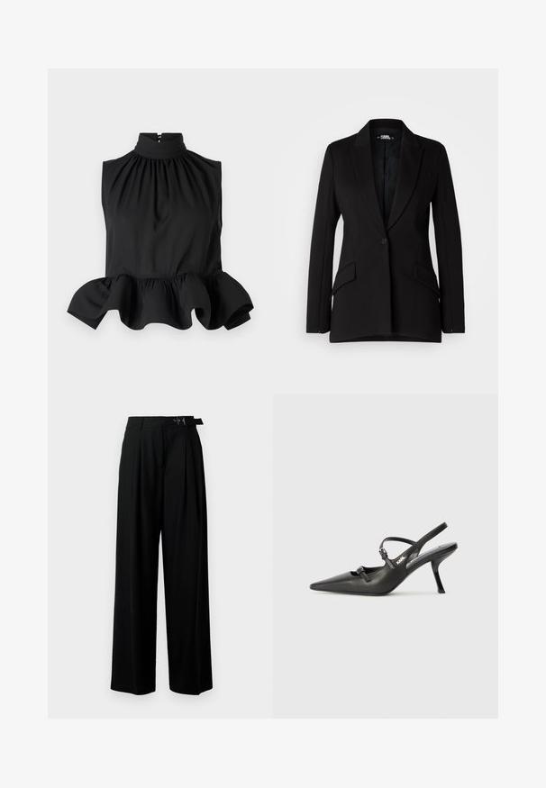Czarna marynarka o zdefiniowanej konstrukcji, z klapami w kształcie notcha, pojedynczym zapięciem na guzik, dwoma kieszeniami bocznymi oraz gładką fakturą materiału.; Czarna bezrękawnikowa bluzka z wysokim dekoltem, marszczonym materiałem i rozszerzonym dołem z falbaną. Gładka tekstura z ukrytym zamkiem z tyłu.; Czarne spodnie szerokie w nogawkach z wysokim stanem, z plisami z przodu oraz paskiem z klamrą. Wykonane z gładkiego, lekkiego materiału.; Czarne skórzane sandały na obcasie typu slingback z wydłużonym noskiem, smukłym obcasem i ozdobnym zapięciem na cholewce. Gładka tekstura i elegancka forma.