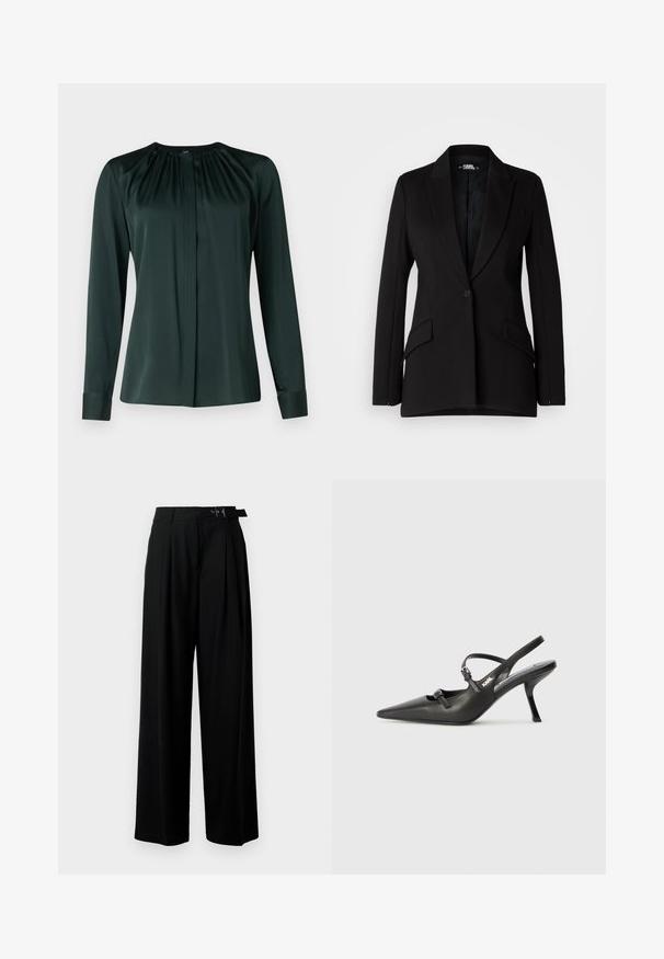 Fekete blézer strukturált dizájnnal, rovátkolt hajtókával, egysoros gombolással, két oldalsó zsebbel és sima textúrával.; Sötétzöld, hosszú ujjú blúz sima anyagból, kerek nyakkivágással, pliszírozott elülső résszel és gombos mandzsettával a rendezett megjelenés érdekében.; Fekete, bő szárú nadrág magas derékkal, elöl pliszírozva, és csattal ellátott övvel. Simább, könnyű anyagból készült.; Fekete bőrszíjjal ellátott magassarkú cipő, hegyes orral, karcsú sarkával és díszes csattal a vamp részén. Simás textúra és elegáns dizájn.