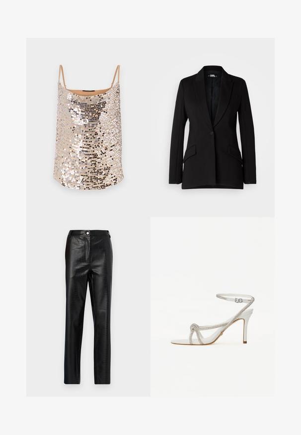 Sacou negru cu un design structurat, rever în formă de v și închidere cu un singur nasture, două buzunare laterale și textură de material neted.; Top nud cu paiete, cu bretele subțiri, având paiete argintii și negre într-un model strălucitor, textură netedă și croială lejeră.; Pantaloni din piele ecologică negri cu model de crocodil, fit slim, design drept, având închidere cu nasture în față și talie standard.; Sandalie albe cu toc înalt, cu o curea texturată ce prezintă strasuri, design cu vârf deschis și curea pentru gleznă cu cataramă ajustabilă.