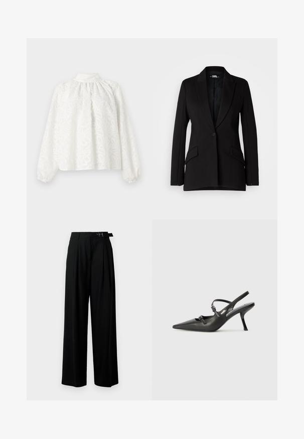 Sort blazer med en struktureret design, notch-lapel, enkelt knappetryk, to sidelommer og glat stofstruktur.; Hvid bluse med lange ærmer, høj hals og plisseringer. Har et blomsterbroderet mønster og samlede manchetter, lavet af tekstureret stof.; Sort vide-bein bukser med høj talje, læg foran og et bælte med spænde. Fremstillet af glat, let materiale.; Sorte læder slingback hæle med spids tå, slank hæl og dekorativ spænde detalje på vampen. Glat tekstur og strømlinet design.