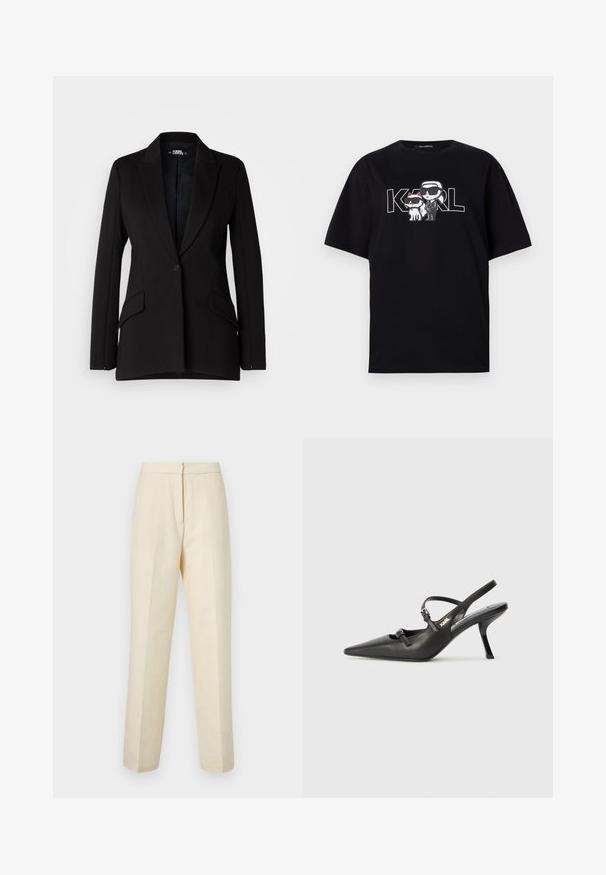Črn blazer s strukturno zasnovo, z izrezom na reverjih, enojno zapiranje s gumbom, dvema stranskima žepoma in gladko teksturo tkanine.; Črna bombažna majica s grafikonom dveh risanih figur v sončnih očalih, ob spremljavi besedila "KARL" v poglobljenih črkah.; Svetlo kremne hlače z daljšim krojem in teksturiranim cvetličnim vzorcem, s ravnimi nogami in čistim pasom ter zapiranjem na hrbtni strani.; Črne usnjene sandale na peto s koničastim nosom, vitko peto in okrasno zaponko na sprednjem delu. Gladka tekstura in eleganten dizajn.