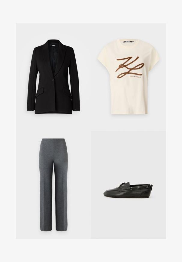 Blazer noir avec un design structuré, revers crantés, fermeture à un bouton, deux poches latérales et texture de tissu lisse.; T-shirt en coton couleur crème à manches courtes, avec un logo brodé marron et un design en script à l'avant.; Pantalons larges gris en tissu doux et texturé. Présentent une taille haute et aucun matériel ou embellissement visible.; Chaussures bateau en cuir noir avec bout arrondi, devant à lacets, oeillets en métal et semelle plate. Elles sont dotées d'une petite languette à l'arrière.