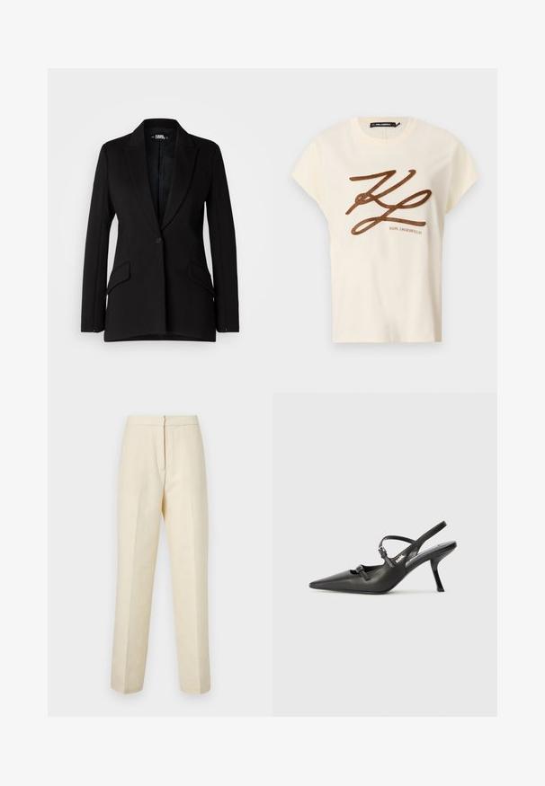 Schwarzes Blazer mit strukturiertem Design, Reverskragen, Ein-Knopf-Verschluss, zwei Seitentaschen und glatter Stoffstruktur.; Cremfarbener Baumwoll-T-Shirt mit kurzen Ärmeln, mit einem braunen gestickten Logo und Schriftzug auf der Vorderseite.; Helle cremefarbene, maßgeschneiderte Hosen mit einem strukturierten Blumendesign, geradem Bein und einem schlichten Taillenbund mit einem Rückenschluss.; Schwarzlederne Slingback-Absätze mit spitzer Zehenform, schlankem Absatz und dekorativem Schnallendetail auf dem Blatt. Glatte Textur und elegantes Design.