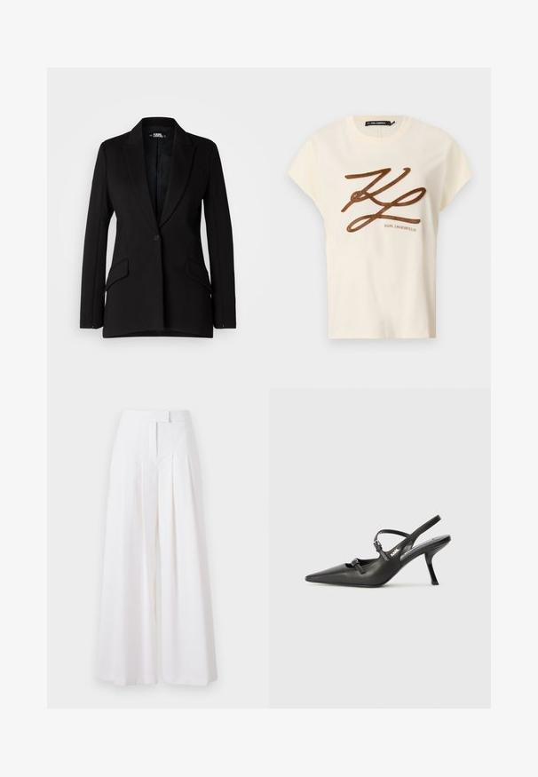 Fekete blézer strukturált dizájnnal, rovátkolt hajtókával, egysoros gombolással, két oldalsó zsebbel és sima textúrával.; Krém színű pamut póló rövid ujjakkal, melyen elöl egy barna hímzett logó és felirat található.; Fehér, bőszárú nadrág, pleats-szel, sima anyagból készült. Magas derékkal és szabott kivágással rendelkezik, ami struktúrált megjelenést kölcsönöz.; Fekete bőrszíjjal ellátott magassarkú cipő, hegyes orral, karcsú sarkával és díszes csattal a vamp részén. Simás textúra és elegáns dizájn.