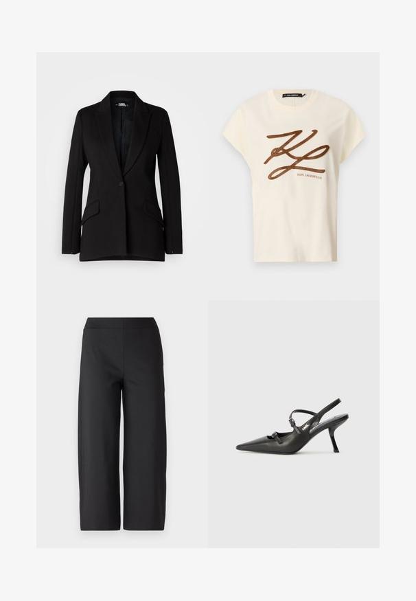 Černý blejzr se strukturovaným designem, s klopami ve tvaru prstenu, zapínáním na jeden knoflík, dvěma bočními kapsami a hladkou texturou látky.; Krémové bavlněné tričko s krátkým rukávem, na přední straně s hnědým vyšitým logem a nápisem.; Černé kalhoty s širokými nohavicemi a elastickým pasem. Vyrobeno z hladké, elastické látky. Bez kapes a viditelných švů. Čistý, minimalistický design.; Černé kožené lodičky na boku s špičatou špičkou, štíhlým podpatkem a dekorativní přezkou na nártu. Hladká textura a elegantní design.