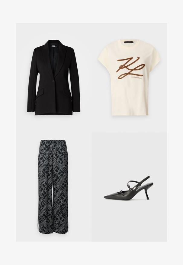 Črn blazer s strukturno zasnovo, z izrezom na reverjih, enojno zapiranje s gumbom, dvema stranskima žepoma in gladko teksturo tkanine.; Kremna bombažna majica s kratkimi rokavi, z rjavim izvezenim logotipom in besedilom na sprednji strani.; Široke hlače iz črne tkanine s belim geometrijskim vzorcem. Elastičen pas, tekoč dizajn in bočni razporki.; Črne usnjene sandale na peto s koničastim nosom, vitko peto in okrasno zaponko na sprednjem delu. Gladka tekstura in eleganten dizajn.