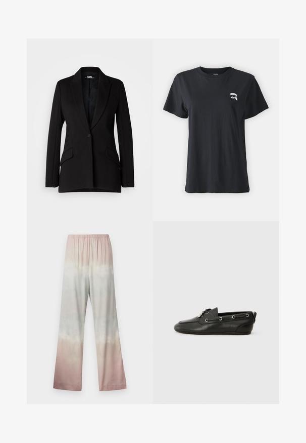 Blazer negro con un diseño estructurado, solapas en pico, cierre de un botón, dos bolsillos laterales y textura de tela suave.; Camiseta de algodón negra con mangas cortas y cuello redondo. Presenta un pequeño gráfico blanco en el pecho. Textura suave, corte casual.; Pantalones de pierna ancha hechos de una tela ligera, con un patrón degradado de tie-dye en suaves tonos pastel: rosa, menta y crema. Cintura elástica.; Zapatos de barco de cuero negro con punta redonda, parte delantera con cordones, ojales de metal y suela plana. Presenta una pequeña pestaña en la parte trasera.