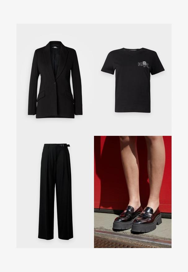 Crni sako sa strukturiranim dizajnom, reverima, jednim dugmetom, dva bočna džepa i glatkom teksturom tkanine.; Crna majica kratkih rukava od pamuka. Ima bijelu grafiku s natpisom "KARL" i stiliziranom figurom na prsima. Okrugli izrez.; Crne široke hlače s visokim strukom, nabranima sprijeda i remenom s kopčom. Izrađene od glatkog, laganog materijala.; HUGO KRIS LOAFER - Obuća za navlačenje - black