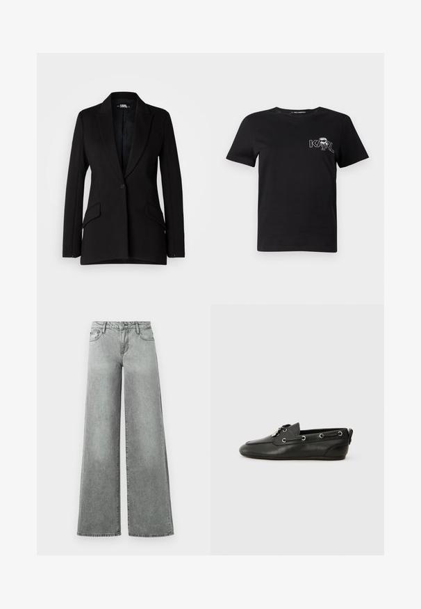 Melnā žakete ar strukturētu dizainu, izgrieztiem iegriezumiem, vienu pogu, divām sānu kabatām un gludu auduma tekstūru.; Melnas īsām piedurknēm T-krekls, izgatavots no kokvilnas. Ar baltu grafiku, kurā rakstīts "KARL" un stilizēta figūra uz krūšu daļas. Apaļš kakla izgriezums.; Pelēki platai kājiņas džinsi, izgatavoti no denima, ar piecām kabatām, augstu vidukli un nedaudz izbalējušu apdari ar redzamu šuvju.; Melnas ādas laivu kurpes ar noapaļotu purngalu, aukliņu priekšpusi, metāla acīm un platu zoli. Iekļauts neliels cilpiņas aizmugurē.
