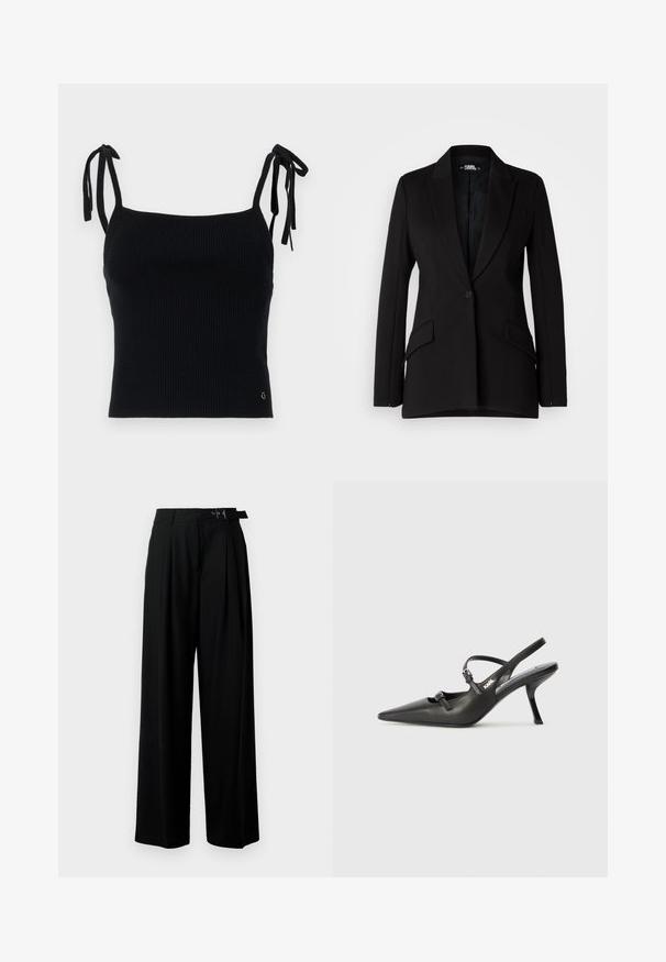 Črn blazer s strukturno zasnovo, z izrezom na reverjih, enojno zapiranje s gumbom, dvema stranskima žepoma in gladko teksturo tkanine.; Črni rebrasti kratki top z nastavljivimi trakovi. Gladka tekstura, oprijet kroj in subtilen logotip na spodnjem desnem delu.; Črne široke hlače z visokim pasom, gubami spredaj in pasom z zaponko. Narejene so iz gladkega, lahkega materiala.; Črne usnjene sandale na peto s koničastim nosom, vitko peto in okrasno zaponko na sprednjem delu. Gladka tekstura in eleganten dizajn.