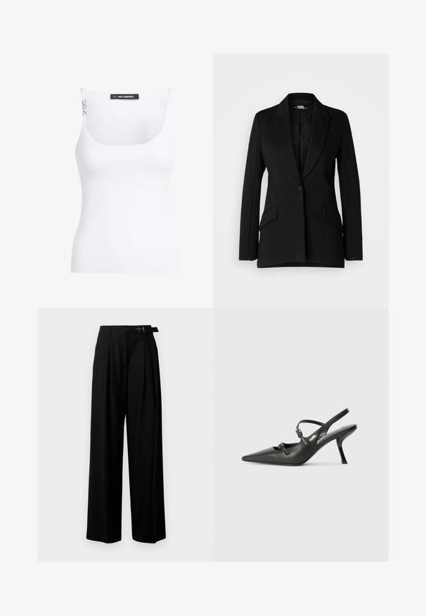 Crni sako sa strukturiranim dizajnom, reverima, jednim dugmetom, dva bočna džepa i glatkom teksturom tkanine.; Bijela majica bez rukava s okruglim izrezom. Izrađena od teksturirane tkanine. Ima uske naramenice i brendiranu oznaku na leđima.; Crne široke hlače s visokim strukom, nabranima sprijeda i remenom s kopčom. Izrađene od glatkog, laganog materijala.; Crne kožne štikle sa otvorenom petom, s uskim vrhom i dekorativnom kopčom na gornjem dijelu. Glatka tekstura i elegantan dizajn.