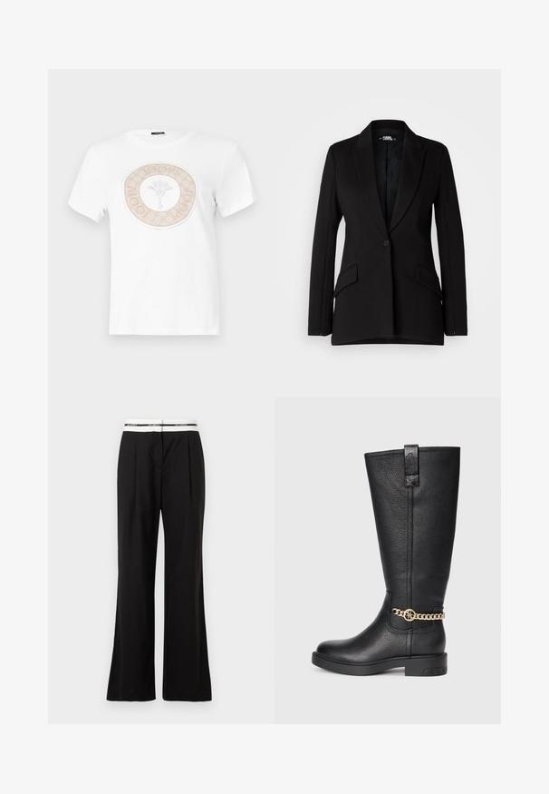 Črn blazer s strukturno zasnovo, z izrezom na reverjih, enojno zapiranje s gumbom, dvema stranskima žepoma in gladko teksturo tkanine.; Bela bombažna majica s krožno bež logotipno zasnovo s cvetličnim motivom v središču in besedilom okoli oboda.; Črne hlače sproščenega kroja z belim elastičnim pasom z blagovno znamko. Narejene iz gladkega materiala z rahlim sijajem.; Črne usnjene škornje do kolen z teksturirano površino, ki imajo dekorativni zlat verižni dodatek in ravno gumijasto podplato.