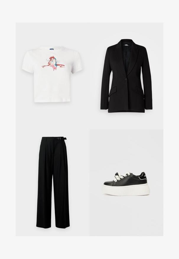Sort blazer med en struktureret design, notch-lapel, enkelt knappetryk, to sidelommer og glat stofstruktur.; Hvid cropped t-shirt lavet af bomuld, med et grafisk tryk af en karakter med rødt hår og lyserøde detaljer, rund halsudskæring, korte ærmer.; Sort vide-bein bukser med høj talje, læg foran og et bælte med spænde. Fremstillet af glat, let materiale.; Sorte lædersneakers med en tyk hvid ribbet sål, med hvide snørebånd og en dekorativ sløjfe på tunge.
