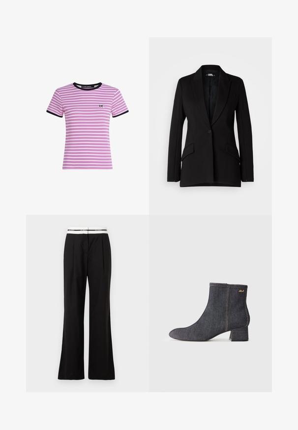 Fekete blézer strukturált dizájnnal, rovátkolt hajtókával, egysoros gombolással, két oldalsó zsebbel és sima textúrával.; Rövid ujjú, bordázott póló rózsaszín alapon fehér csíkokkal, fekete kerek nyakkivágással és ujjak szélén fekete díszítéssel, kis grafikával a mellrészen.; Fekete, lazán szabott nadrág, fehér rugalmas derékpánttal, amelyen márkajelzés található. Simogató, enyhén fényes anyagból készült.; Sötét farmer anyagú boka csizma, hegyes orral, tömb sarkal, látható varrással és diszkrét márkalogóval az oldalon. Simább textúrával.