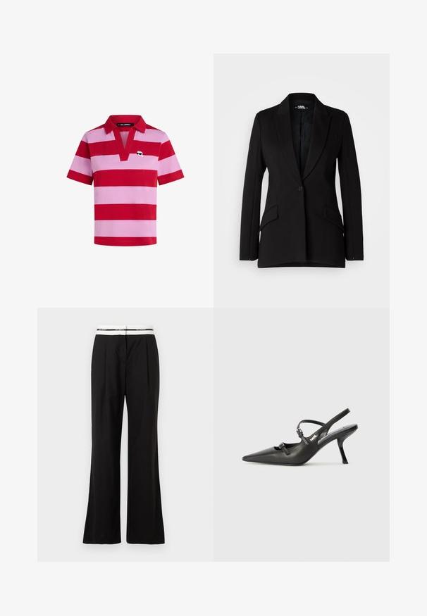 Mustmustärki struktureeritud disainiga, nööpaukudega, ühe nööbiga kinnitusega, kahe küljetasku ja siledast kangast tekstuuriga.; Punased ja roosad triibulised polo särk, millel on krae, lühikesed varrukad ja dekoratiivne logo vasakul rinnakohal.; Mustad püksid, millel on mugav lõige, valge elastse vöökohtaga, millel on kaubamärgi logo. Valmistatud siledast kangast, millel on kerge läige.; Must musta slingback kontsad, terava nina, peenike konts ja dekoratiivne pandla detail peal. Sile tekstuur ja stiilne disain.