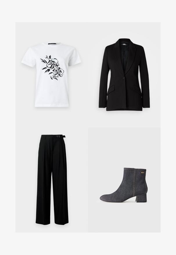 Juodas švarkas su struktūrizuotu dizainu, notch apykaklėmis, vieno mygtuko uždarymu, dviem šoninėmis kišenėmis ir lygiomis audinio tekstūromis.; Balta medvilnė marškinėliai su juodu gėlių dizainu priekyje. Apvalus kaklas, trumpomis rankovėmis, laisvas kirpimas. Dizaino elemente įtrauktas prekės ženklas "Karl".; Juodos plačios kojų kelnės su aukštu liemeniu, priekinėmis klostėmis ir diržu su sagtimi. Pagamintos iš lygaus, lengvo audinio.; Tamsiai mėlyni kulkšnies auliniai batai su smailiu kojų pirštu, blokuotu kulnu, matomu siuvimu ir subtiliu prekės ženklo logotipu šone. Lygus paviršius.