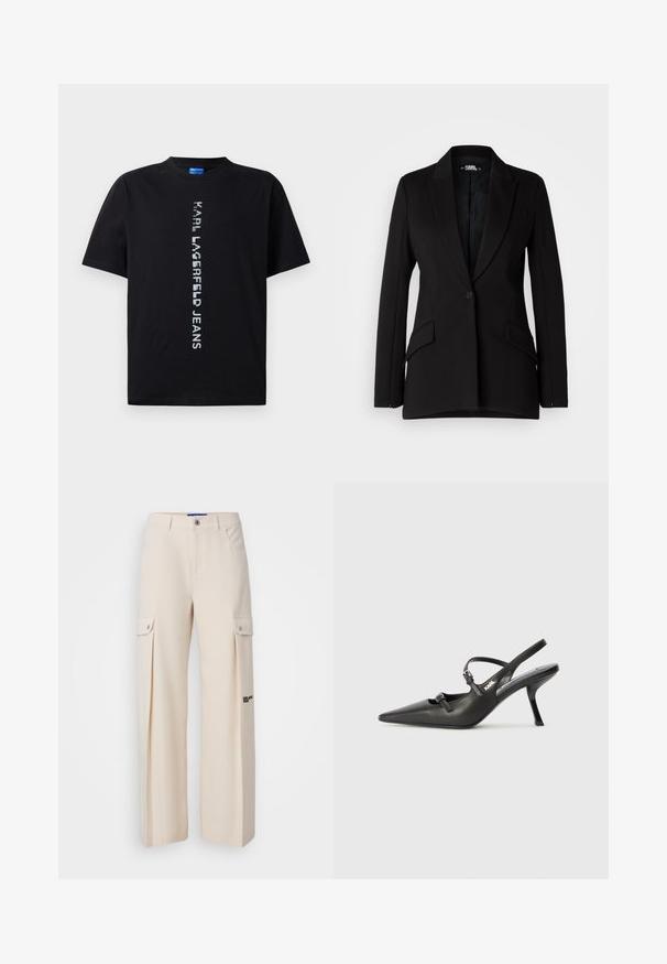 Melnā žakete ar strukturētu dizainu, izgrieztiem iegriezumiem, vienu pogu, divām sānu kabatām un gludu auduma tekstūru.; Melna īsā piedurkņu T-kreklu, izgatavots no kokvilnas, ar vertikālu atstarojošu tekstu, kas lasāms "KARL LAGERFELD JEANS." Parasts piegriezums un tēva kakla dizains.; Karl Lagerfeld Jeans PLEATED CARGO - Armijas stila bikses - whitecap gray; Melnas ādas slingback papēži ar norādītu purngalu, izsmalcinātu papēdi un dekoratīvu sprādzi uz priekšpuses. Gluda tekstūra un elegants dizains.