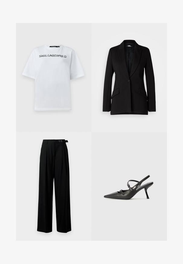 Černý blejzr se strukturovaným designem, s klopami ve tvaru prstenu, zapínáním na jeden knoflík, dvěma bočními kapsami a hladkou texturou látky.; Bílý tričko s krátkým rukávem a kulatým výstřihem, s černým textovým logem na prsou, které zní "KARL LAGERFELD."; Černé široké kalhoty s vysokým pasem, záhyby vpředu a páskem s přezkou. Vyrobené z hladké, lehké tkaniny.; Černé kožené lodičky na boku s špičatou špičkou, štíhlým podpatkem a dekorativní přezkou na nártu. Hladká textura a elegantní design.