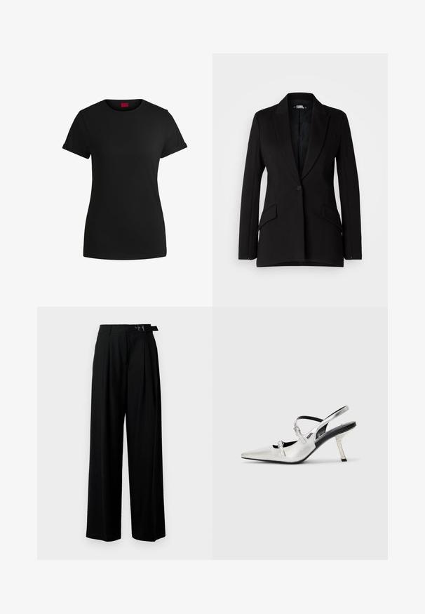 Mustmustärki struktureeritud disainiga, nööpaukudega, ühe nööbiga kinnitusega, kahe küljetasku ja siledast kangast tekstuuriga.; Must must t-särk lühikeste keeratud varrukatega, ümmarguse kaeluse ja punase etiketiga. Sile tekstuur, sobiv kuju minimaalsete detailidega.; Mustad kõrge vöökohaga mustad laiad püksid, millel on ees voldid ja vöö, millel on pandla. Valmistatud siledast ja kergest kangast.; Hõbedased sisu-kandilised kontsad terava varbaga, millel on sile metalliline viimistlus, peenike kann ja dekoratiivsed rihmad.