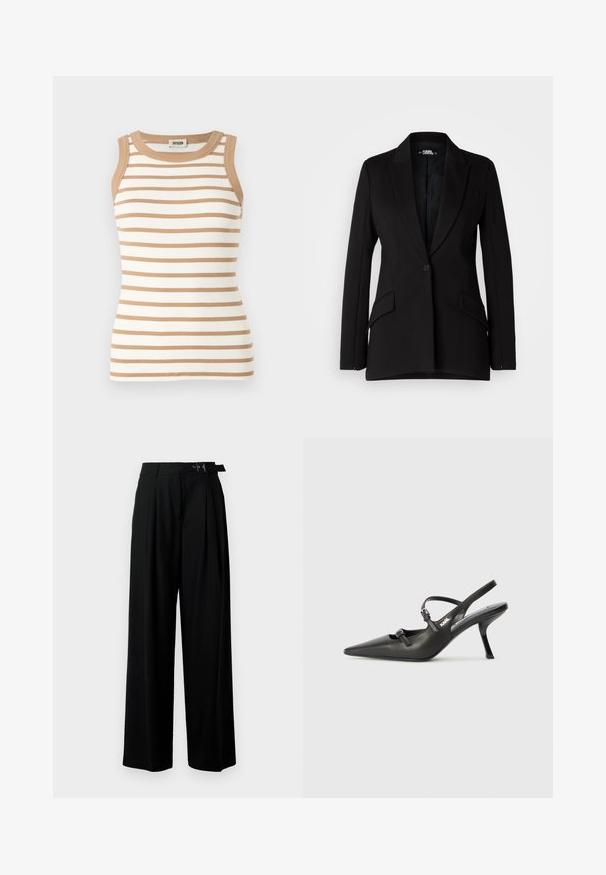 Blazer nero con un design strutturato, rever a sorpresa, chiusura a un bottone, due tasche laterali e texture del tessuto liscia.; Canotta senza maniche a righe orizzontali in crema e marrone chiaro. Presenta un colletto e dei bordi delle maniche in marrone a contrasto.; Pantaloni neri a gamba larga con vita alta, pieghe nella parte anteriore e una cintura con fibbia. Realizzati in tessuto liscio e leggero.; Scarpe slingback nere in pelle con punta affilata, tacco sottile e dettaglio decorativo a fibbia sulla tomaia. Texture liscia e design elegante.