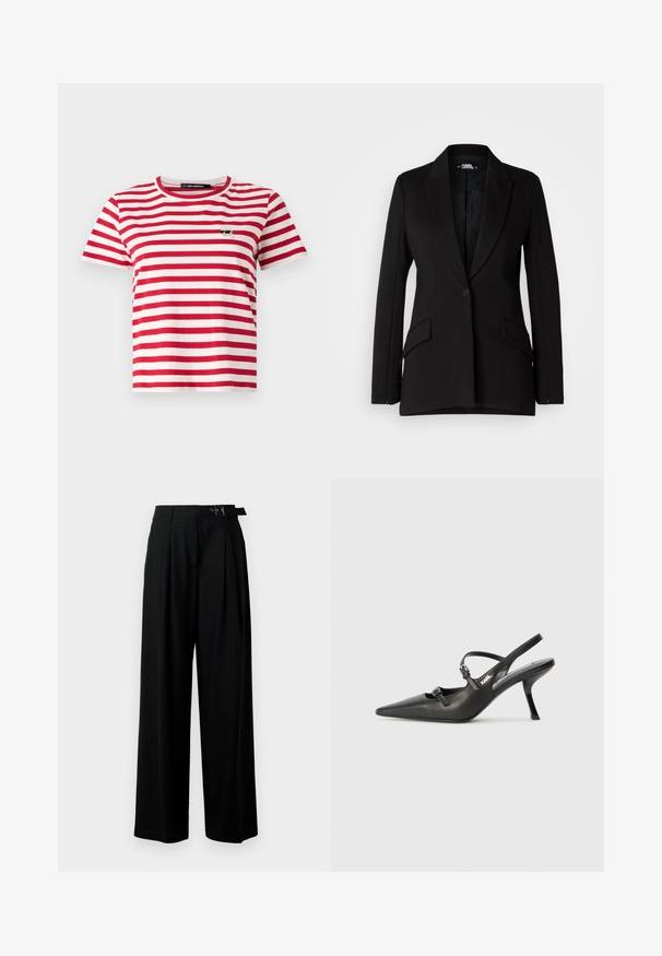 Sort blazer med en struktureret design, notch-lapel, enkelt knappetryk, to sidelommer og glat stofstruktur.; Rød og hvid stribet kortærmet t-shirt med rund halsudskæring; har et lille broderet design på venstre bryst.; Sort vide-bein bukser med høj talje, læg foran og et bælte med spænde. Fremstillet af glat, let materiale.; Sorte læder slingback hæle med spids tå, slank hæl og dekorativ spænde detalje på vampen. Glat tekstur og strømlinet design.