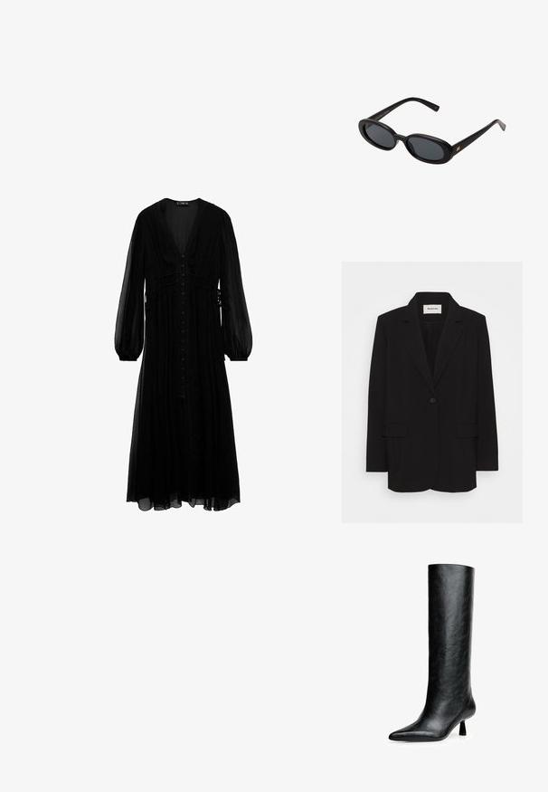 Czarna marynarka wykonana z gładkiego materiału, z pojedynczym zapięciem na guzik, klapami w kształcie notcha oraz dwoma przednimi kieszeniami. Minimalistyczny design z luźnym krojem.; Czarna maxi sukienka z prześwitującego materiału, z długimi rękawami, głębokim dekoltem w kształcie V, guzikiem z przodu i marszczeniem w pasie.; Czarne, wysokie botki do kolan wykonane z fakturowanej skóry. Mają spiczasty nosek i mały, rozszerzający się obcas. Elegancki, gładki design z minimalnymi akcentami.; Czarne, oversize okulary przeciwsłoneczne z owalnymi soczewkami, gładkim plastikowym mostkiem i złotymi akcentami na zausznikach. Ciemne soczewki zapewniają ochronę przed słońcem.