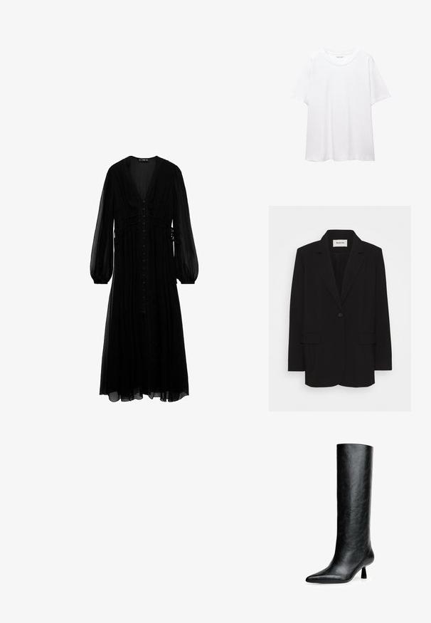 Crni sako od glatkog materijala, s jednim dugmetom, reverima i dva prednja džepa. Minimalistički dizajn s ležernim krojem.; Crna maksi haljina od prozirnog materijala, s dugim rukavima, dubokim V-izrezom, dugmadi sprijeda i nabranim detaljima u struku.; Obična bijela majica od pamuka s okruglim izrezom, kratkim rukavima i ležernim krojem. Glatka tekstura bez uzoraka ili dodataka.; Crne čizme do koljena od teksturirane kože. Imaju špicasti vrh i mali, rašireni potplat. Elegantnog su, glatkog dizajna s minimalnim naglascima.