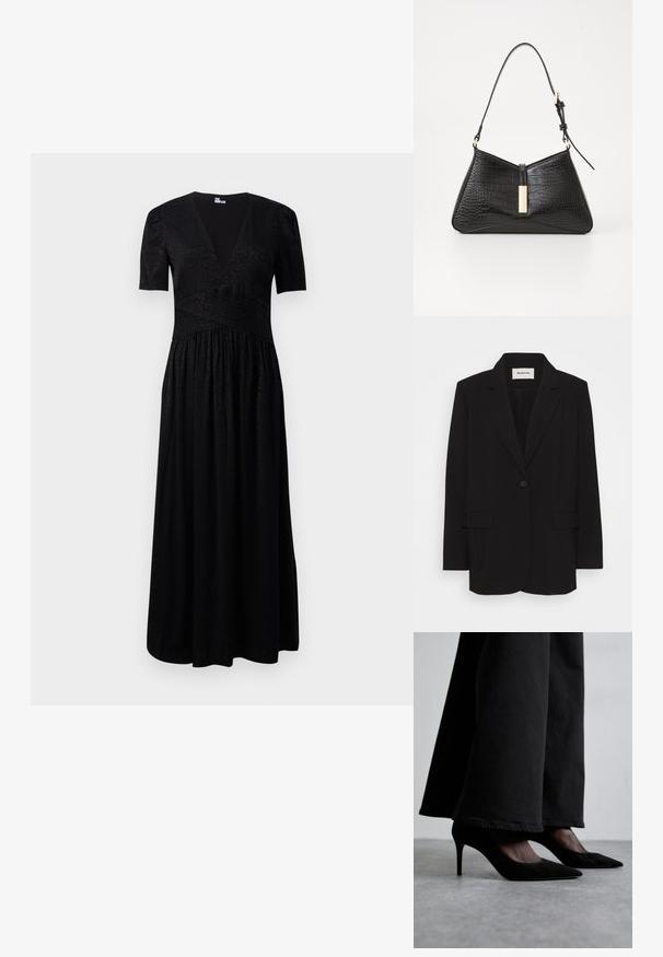 Schwarzes Blazer aus glattem Stoff, mit einem einzelnen Knopfverschluss, Reverskragen und zwei Fronttaschen. Minimalistisches Design mit lockerer Passform.; Schwarzes Maxikleid mit tiefem V-Ausschnitt, kurzen Ärmeln, strukturiertem Oberteil und gerafftem Rock. Hergestellt aus leichtem Stoff mit dezenten Mustern.; Schwarze Wildleder-Highheels mit spitzen Zehen, getragen mit schwarzen weiten Hosen, weisen ein elegantes Design und einen subtilen Glanz auf.; Schwarze Handtasche aus kunstleder mit Kroko-Prägung, die eine dreieckige Form, einen schmalen Schultergurt und eine goldfarbene Hardware-Akzent in der Mitte aufweist.