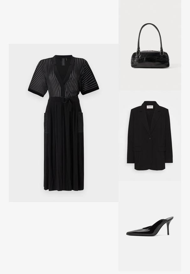 Černý blazer vyrobený z hladké tkaniny, s uzavíráním na jeden knoflík, klopovými límci a dvěma předními kapsami. Minimalistický design s volnějším střihem.; Černé maxi šaty s krátkými rukávy, vertikálními pruhy, v-výstřihem, páskem v oblasti pasu a bočními kapsami. Vyrobeno z lehkého materiálu.; Černé lakované kožené muly na vysokém podpatku s špičatou špičkou a elegantním siluetou, s otevřenou zadní částí a štíhlým stiletto podpatkem.; Černá kožená kabelka obdélníkového tvaru s jedním pevným uchem, stříbrnými kovovými doplňky a zipovým uzávěrem. Hladký povrch.