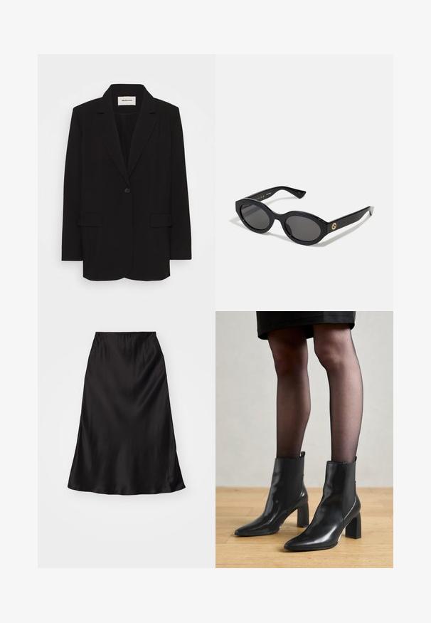 Musta bleiseri, joka on valmistettu sileästä kankaasta, ja jossa on yksittäinen napitus, viistot läpät sekä kaksi etutaskua. Minimalistinen muotoilu, jossa on rento istuvuus.; Mustan väriinen hihaton toppi, jossa on ohuet säädettävät olkaimet, pitsireuna kaula-aukossa ja sileä satiininen pinta. Yksinkertainen ja tyylikäs muotoilu.; Musta satiinisi liukuhame, jossa on sileä pinta, lievästi levenevä muoto ja joustava vyötärö. Minimalistinen muotoilu, ei ylimääräisiä kuvioita tai yksityiskohtia.; Mustat nahkasaappaat nilkkamittaisella varrella, terävässä kärjessä, paksussa neliömassassa ja tyylikkäässä muotoilussa. Varustettu joustavilla sivupaneeleilla, jotka helpottavat pukemista.; Mustat soikeat aurinkolasit tummilla linsseillä ja kiiltävästä muovista valmistetulla kehällä. Varustettu kullanvärisellä logolla temppeleissä, tarjoten tyylikkään ja modernin muotoilun.; Musta nahkainen käsilaukku suorakulmaisen muotoisena, jossa on yksi rakenteellinen kahva, hopeiset yksityiskohdat ja vetoketjukiinnitys. Suuri tekstuuri.