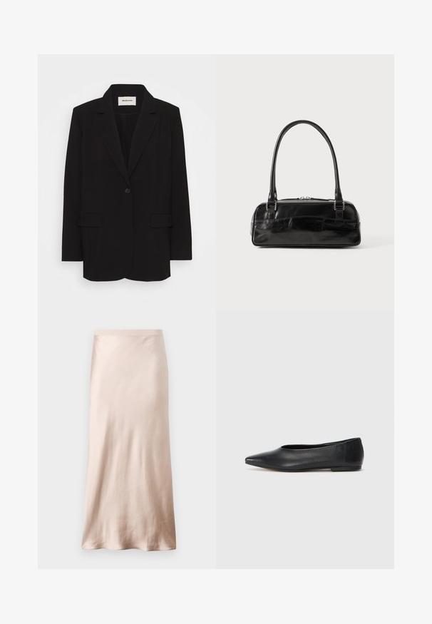 Schwarzes Blazer aus glattem Stoff, mit einem einzelnen Knopfverschluss, Reverskragen und zwei Fronttaschen. Minimalistisches Design mit lockerer Passform.; Schwarzes Top mit dünnen verstellbaren Trägern, Spitzenbordüre entlang des Ausschnitts und einer glatten Satin-Oberfläche. Einfaches und elegantes Design.; Satin-midirock in hellbeige, mit passgenauer Taille, glatter Textur und ausgestelltem Saum, ohne sichtbare Verzierungen oder Taschen.; Schwarze Leder-Balletschuhe, spitze Zehenform, minimalistische Gestaltung, glatte Textur, niedriger Absatz, keine sichtbaren Beschläge oder Verzierungen.; Schwarze Lederhandtasche in rechteckiger Form, mit einem stabilen Griff, silbernem Zubehör und Reißverschluss. Glatte Textur.