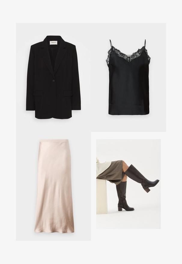 Blazer nero in tessuto liscio, con chiusura a un bottone, rever a punta e due tasche frontali. Design minimalista con vestibilità rilassata.; Camisola nera con sottili spalline regolabili, bordo in pizzo lungo il collo e una texture satinata liscia. Design semplice ed elegante.; Gonna midi in satin beige chiaro, con vita aderente, texture morbida e orlo svasato, senza decorazioni visibili o tasche.; Stivali marroni in pelle alti fino al ginocchio, con punta quadrata, tacco spesso e zip laterale. Texture liscia con finitura lucida.