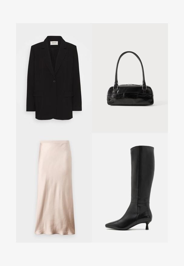 Sort blazer laget av glatt stoff, med en enkelt knappelukking, klippede revers og to frontlommer. Minimalistisk design med en avslappet passform.; Svart cami med tynne justerbare stropper, blondekant langs halslinjen, og en glatt satengtekstur. Enkelt og elegant design.; Satin midi skjørt i lys beige, med en tettsittende midje, glattere tekstur, og en utsvingt hem, uten synlige dekorasjoner eller lommer.; Zign Støvler - black; Svart lærveske med rektangulær form, med en enkelt strukturert håndtak, sølvfargede detaljer og glidelås lukking. Glatt overflate.