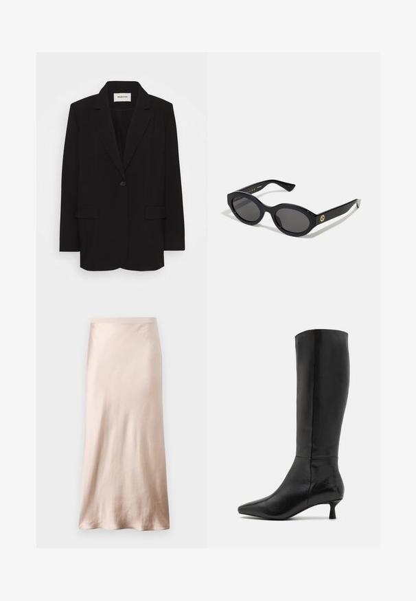 Sort blazer lavet af glat stof, med en enkelt knaplukning, stiklagte klipper og to forlommer. Minimalistisk design med en afslappet pasform.; Sort camisole med tynde justerbare stropper, blondekant langs udskæringen og en glat satin tekstur. Enkel og elegant design.; Satin midi-nederdel i lyse beige, med en tætsiddende talje, glat tekstur og en udvidet nederkant, uden synlige dekorationer eller lommer.; Zign Høje støvler/ Støvler - black; Sorte ovale solbriller med mørke linser og blank plastramme. Har et guldlogo på stykket, hvilket giver et slankt og moderne design.; Sort læderhåndtaske med rektangulær form, der har et enkelt struktureret håndtag, sølvhardware og lynlås-lukning. Glat tekstur.