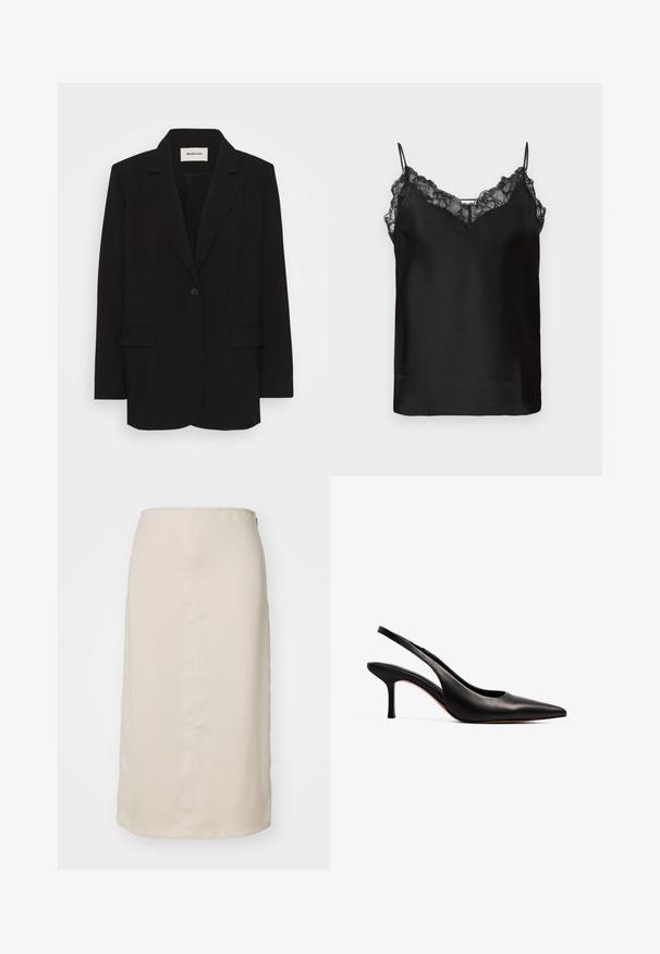 Melnā žakete, izgatavota no gludas auduma, ar vienu pogu aizdari, izgrieztiem klājiem un divām priekšējām kabatām. Minimalistisks dizains ar brīvu piegriezumu.; Melna kamzole ar plānām regulējamām siksnām, mežģīņu apdare ap kaklu un gluda satīna tekstūra. Vienkāršs un elegants dizains.; Bežs zīmuļsvārki ar gludu tekstūru, ceļgala garuma dizains un slēpts rāvējslēdzis aizmugurē aizdarei. Minimalistisks stils, bez rakstiem.; NA-KD Klasiski papēži - black